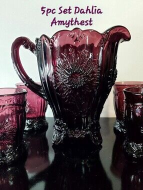 5pc Dahlia Amethyst Purple Glass 48oz Pitcher & 4 Tumblers 8oz Excellent Unused